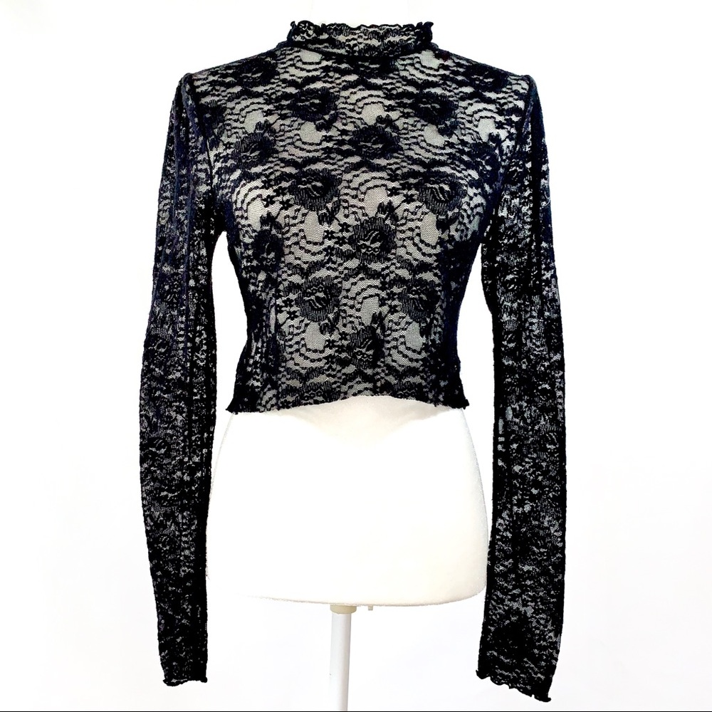 Free People sz L sheer black lace long sleeve top